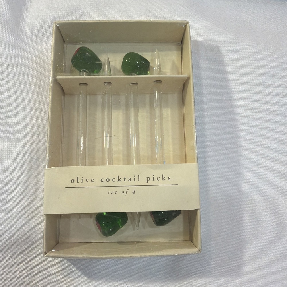 Vintage Pier 1 Set of 4 Glass Olive Picks/Stirrers in Original Box New 24